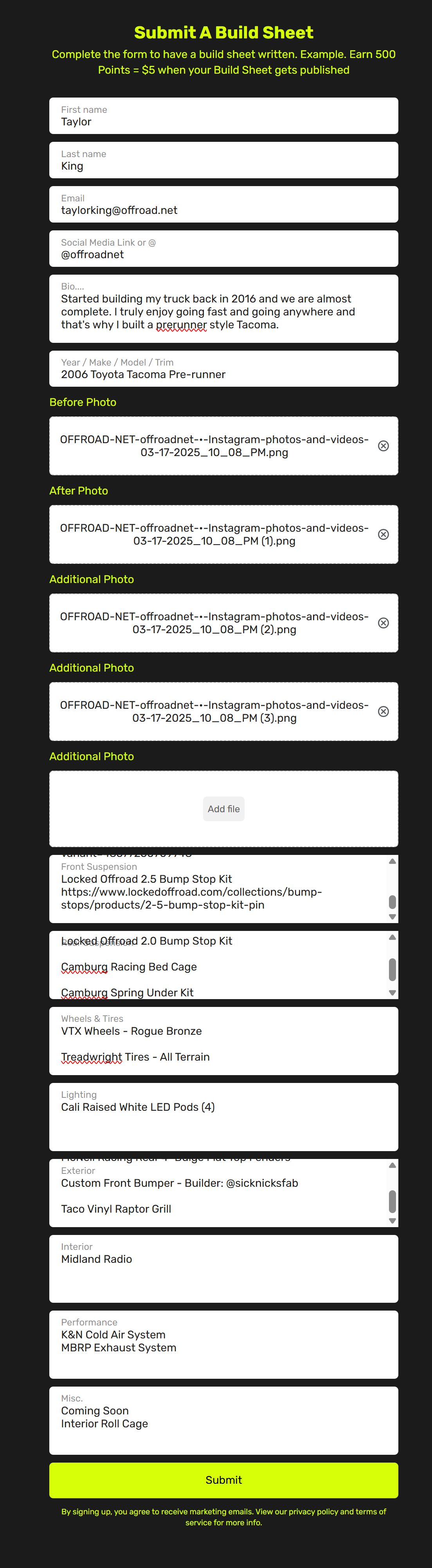 How To Submit Your Build Sheet