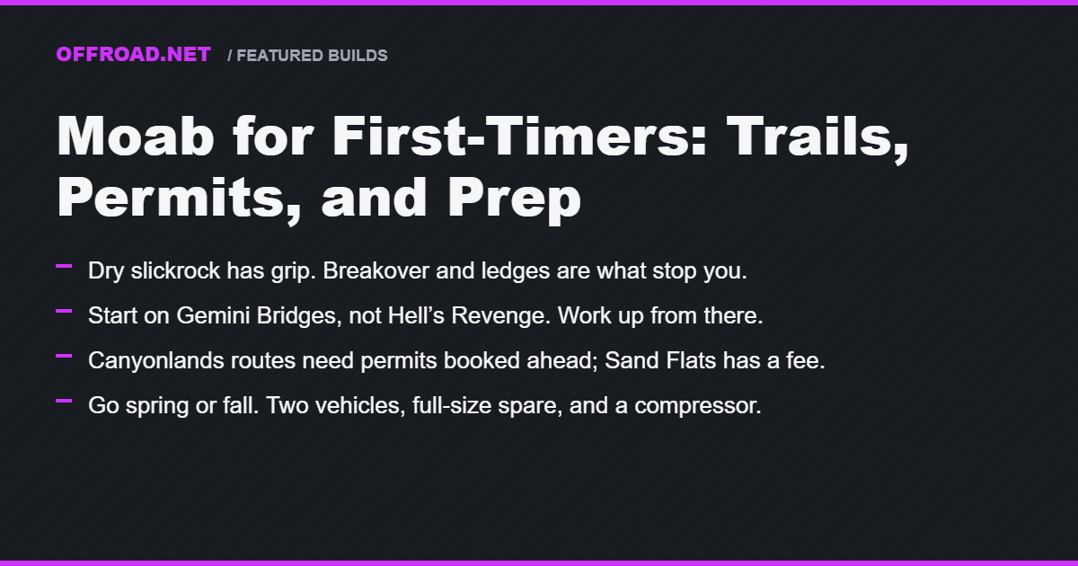 Offroad.net card: Moab for First-Timers, trails, permits, and prep