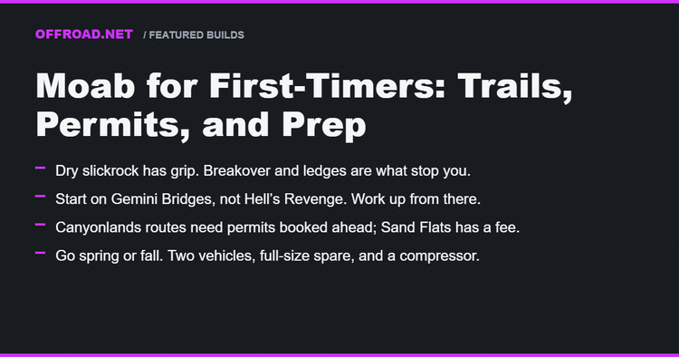 Offroad.net card: Moab for First-Timers, trails, permits, and prep